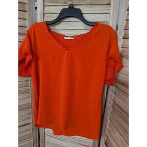 Mine Short Sleeve Blouse Button Down Back Sleeves Orange Size Large L NEW Rayon